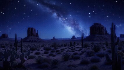 Night sky over desert landscape with rock formations and cacti