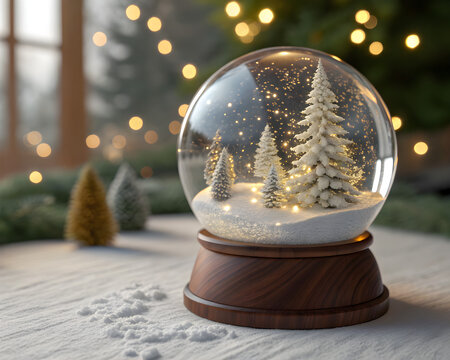 Photorealistic 3D glass snow globe with pine trees and golden fairy lights on polished wooden base