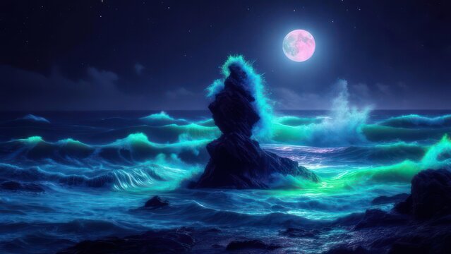 Night seascape with glowing waves crashing against a rock formation under a full moon