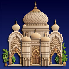 Cartoon colorful illustration of Islamic architecture with domes, arches, and arabesque ornaments, representing tradition, culture, and spirituality