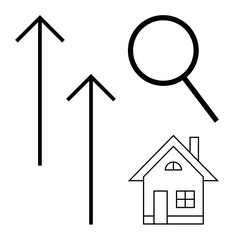 Upward arrows symbolizing growth, magnifying glass for search, and house outline for property. Ideal for real estate, market trends, housing industry, investment, analytics, mortgage simple flat