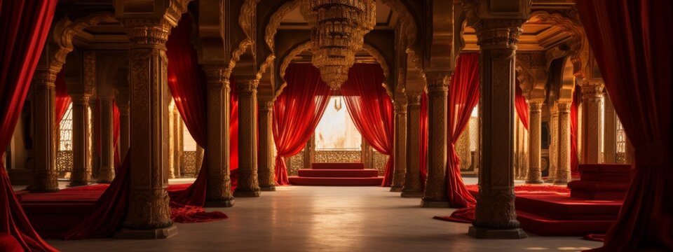 Ancient Indian Arabian Old Style Stage Darbar Design Marrriage Party Ocassions Red Golden Love Color Created with Generative AI Technology