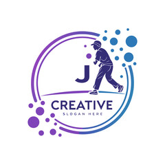 Creative letter J logo design with walking man and circle dots