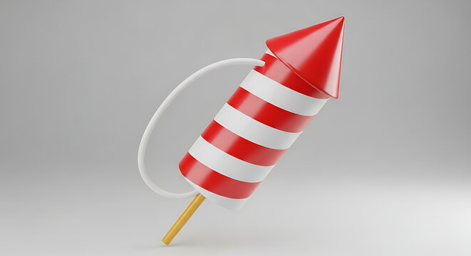 A single red and white striped firework rocket with a fuse.