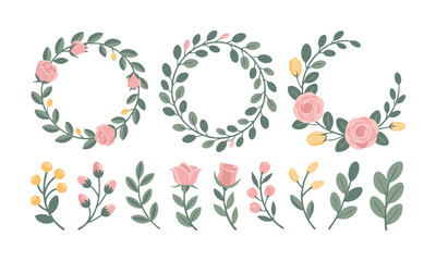 Romantic Rose Bouquets and Floral Borders Vector Elements illustration collection are easily editable.