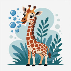 Obraz premium Cute Whimsical Giraffe Blowing bubbles Vector Illustration