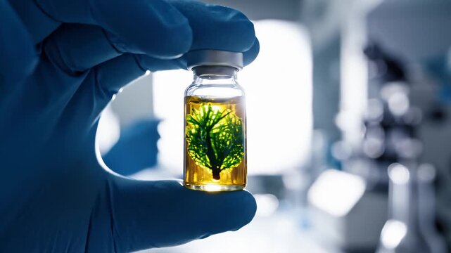 Researcher in Gloves Holding Vial Containing Plant Extract in Laboratory
