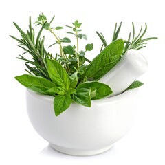 A white mortar filled with assorted fresh green herbs