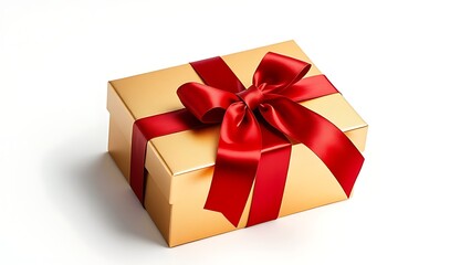 Obraz premium diecut. An elegant gold gift box adorned with a red ribbon, perfectly centered on white. lifestyle magazines, social media lookbooks, designed for lifestyle magazines and social media content.