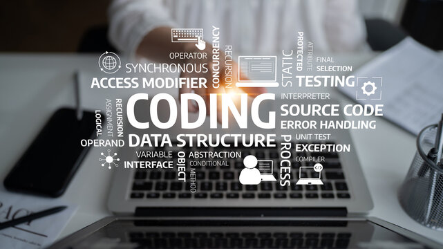 Modern workspace featuring a laptop with prominent coding and data structure terminology. Ideal for technology and educational themes, enhancing learning and collaboration. Tessel