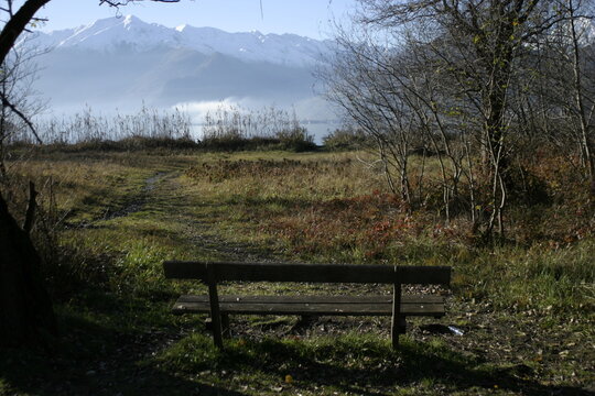 Bench with a view near Colico, Lombardy, Italy.