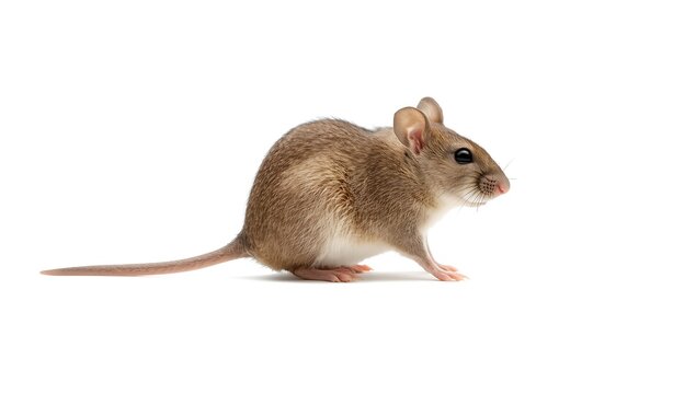 Small brown degu rodent with long tail on white background