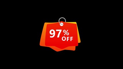 97% percent off text discount label sign symbol animation on a black background.