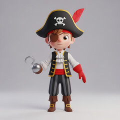 Charming 3D rendered cartoon pirate boy with an eyepatch and hook hand.