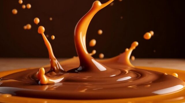Creamy caramel cascade pouring in slow motion, creating splash art for decadent dessert ads, rich chocolate and vibrant amber tones, perfect for food blogs