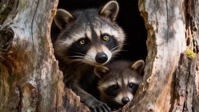 Madre mapache y su hijo, asomando su cara por un hueco oscuro de un viejo tronco de árbol