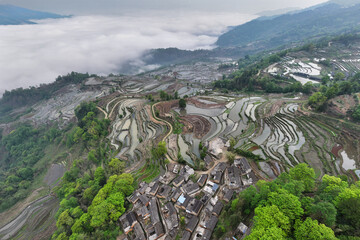 Aerial view of terraced fields reflecting the sky, nestled beside a village amidst misty hills, a tapestry of nature's artistry, Samaba Rice Terraces, Yunnan, China.