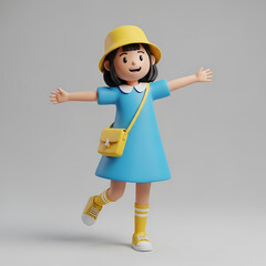 Cheerful 3D cartoon girl in a blue dress and yellow hat with open arms.