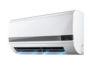 Wall-Mounted Air Conditioning Unit with Open Vents and LED Display, Transparent Background
