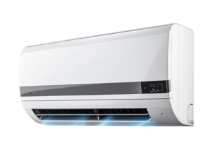 Wall-Mounted Air Conditioning Unit with Open Vents and LED Display, Transparent Background