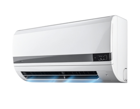 Wall-Mounted Air Conditioning Unit with Open Vents and LED Display, Transparent Background