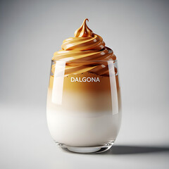 Creamy and frothy Dalgona coffee served in a clear glass.