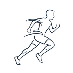 Obraz premium Dark blue line art silhouette of a male runner in motion on a white background running