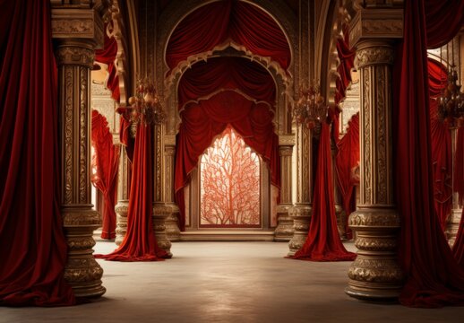 Ancient Indian Arabian Old Style Stage Darbar Design Marrriage Party Ocassions Red Golden Love Color Created with Generative AI Technology