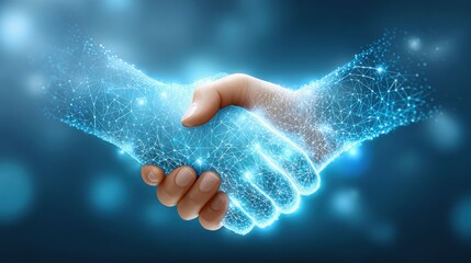 Business ecosystem and collaboration concept. A digital handshake symbolizes collaboration and connection, with hands made of glowing particles against a blue background.