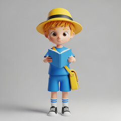 Cute 3D cartoon student boy in a yellow hat reading a book.