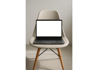 Modern laptop on stylish chair ready for creative work, online learning, or digital business in a minimalist studio setting, blank screen
