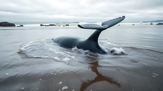 motherliness. Beached whale with tail fin splashing in shallow water under overcast sky. wildlife magazines, conservation campaigns, designed for eco-tourism storytelling.