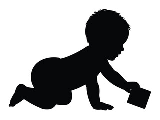 Silhouette of a baby crawling and playing with a block on a white background.