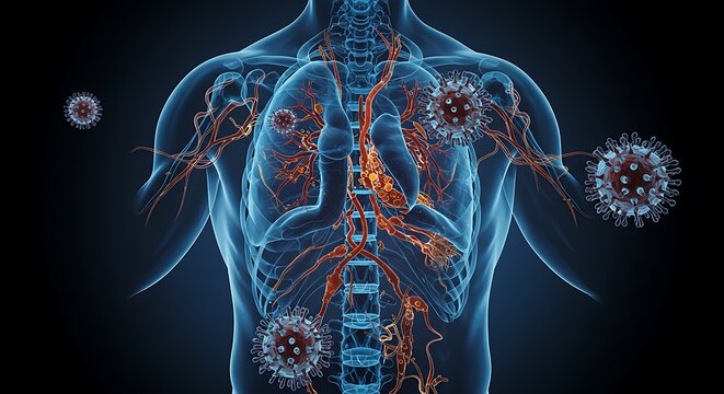 Anatomical illustration showing the human body with lungs, heart, and attacking viruses