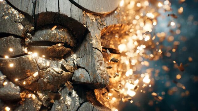 Close-up of weathered wooden face sculpture with glowing fragments