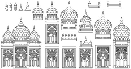 Set of stylized ancient Middle Eastern buildings in line art style. Perfect for games, travel guides, architecture projects, or historical infographics. Hand drawn vector illustration