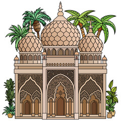 Cartoon colorful illustration of Islamic architecture with domes, arches, and arabesque ornaments, representing tradition, culture, and spirituality