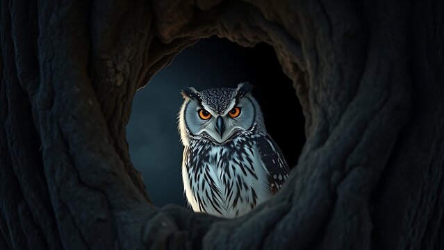 passivity. An owl with intense gaze guarding a tree hollow in moonlight, detailed feathers and ancient oak bark. wildlife magazines, conservation campaigns, designed for eco-tourism storytelling.