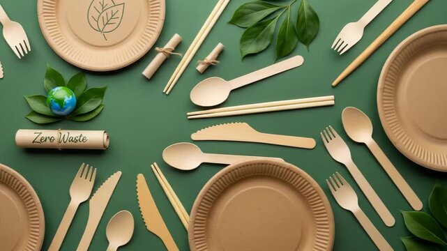 Green flat lay of zero waste tableware, scroll, globe, and leaf