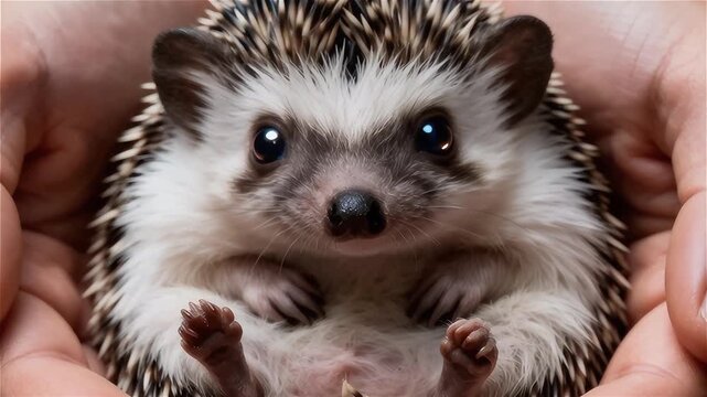 Pequeño erizo africano acurrucado de forma segura en las palmas de dos manos humanas unidas