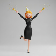 Joyful 3D cartoon woman in a black dress celebrating with party horns.