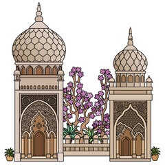 Cartoon colorful illustration of Islamic architecture with domes, arches, and arabesque ornaments, representing tradition, culture, and spirituality