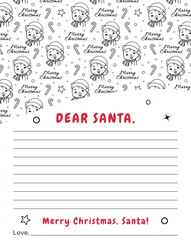 Cute kawaii letter template for Santa Claus with fun vector Christmas coloring page