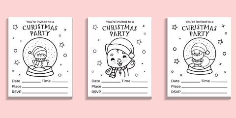 Set of Christmas party invitations, vector cute holiday coloring page