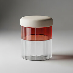 Modern cylindrical pouf stool with a ribbed transparent and red base.