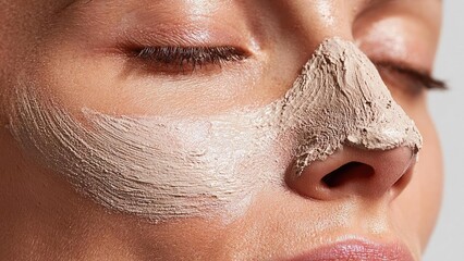 Close-up of a person with a clay facial mask smeared on the cheeks and nose. Concept Clay mask close-up, Facial skincare, Spa portrait, Skincare routine, Textured skin