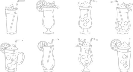 Fototapeta premium Collection of eight cold drink and milkshake line art icons, hand-drawn sketch vector set.