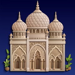 Cartoon colorful illustration of Islamic architecture with domes, arches, and arabesque ornaments, representing tradition, culture, and spirituality
