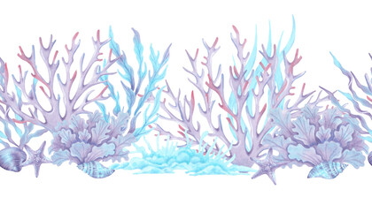 A seamless border featuring underwater elements corals, seaweed, starfish, and shells. Watercolor illustration. Hand drawn isolated art. Horizontal frame for children's design, travel and packaging