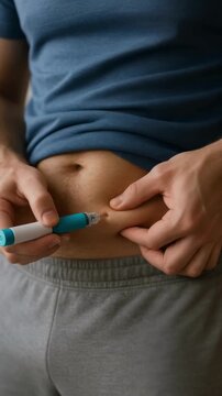 A man self-injects medication into his belly using a glp-1 injector pen. Faceless shot. Semaglutide treatment for weight loss